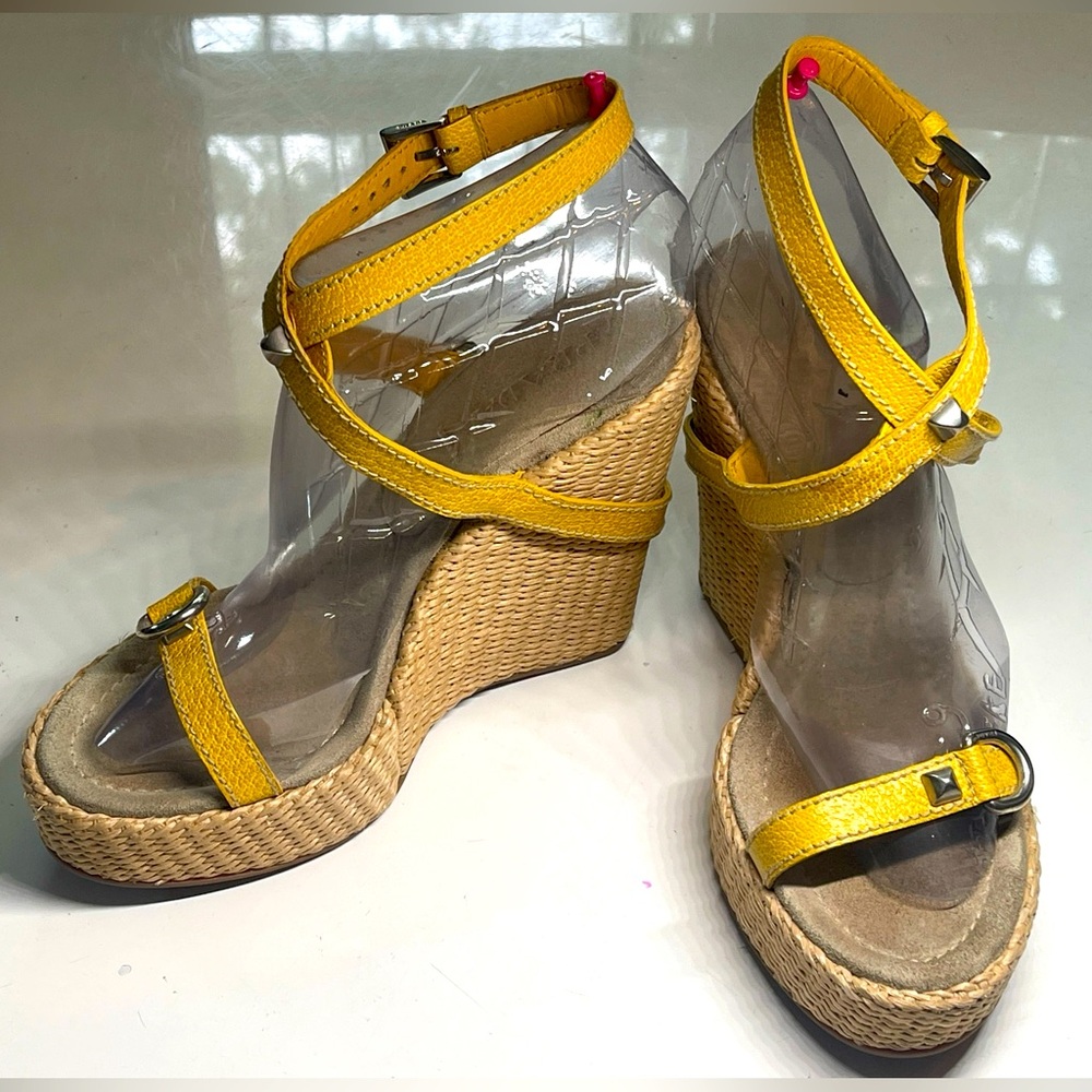Prada Yellow Leather Wedge Sandals Womens Size 38 (8)